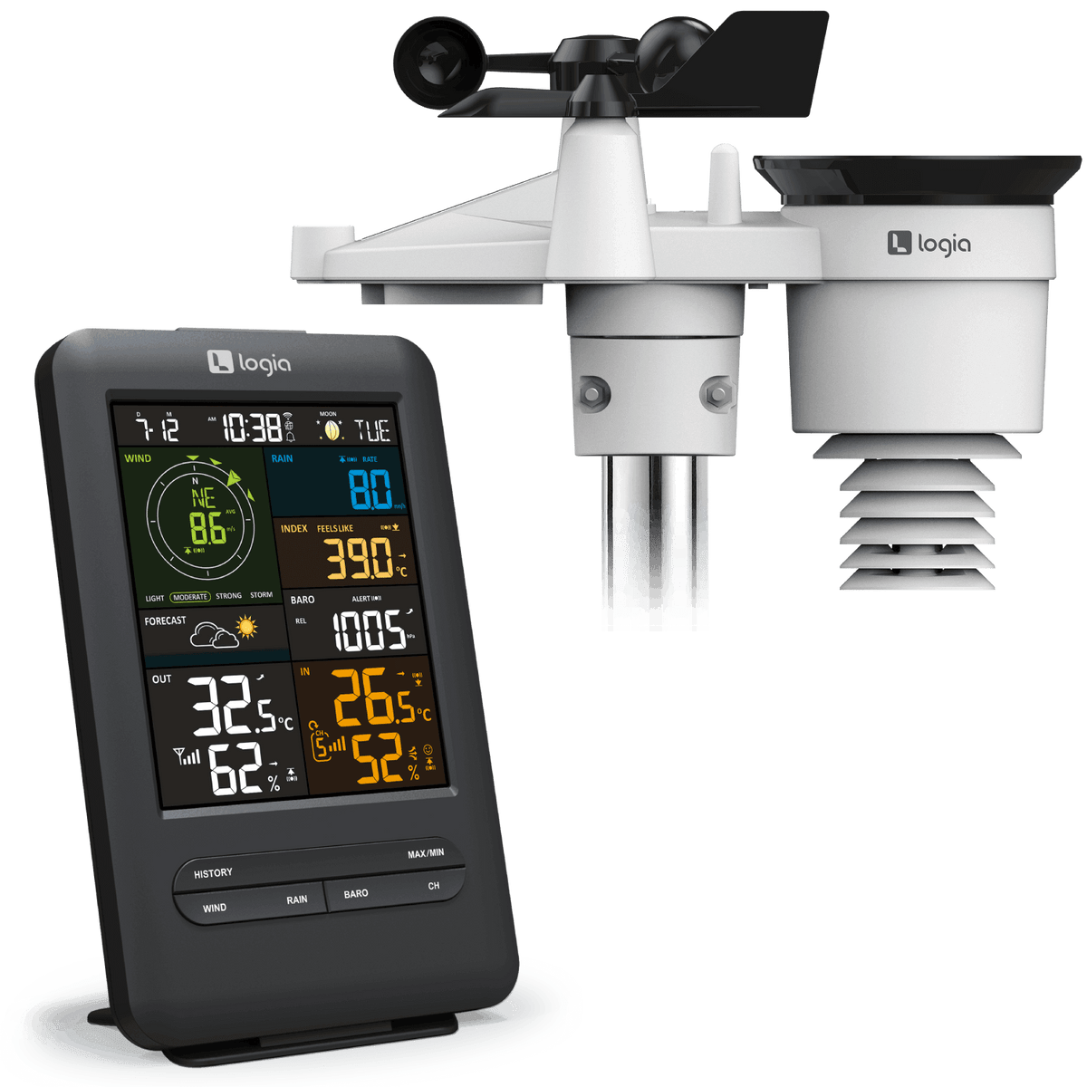 5-in-1 Color Weather Station with Wind Direction & Speed and Rain